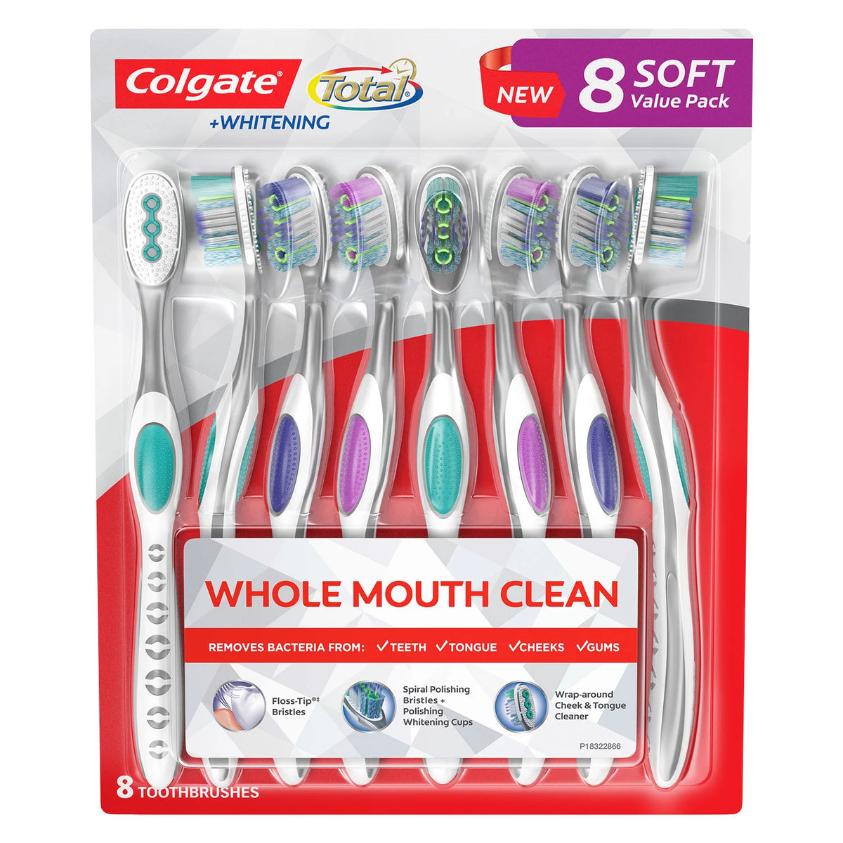 Colgate Total + Whitening Toothbrush Pack, Soft or Medium, 8 ea