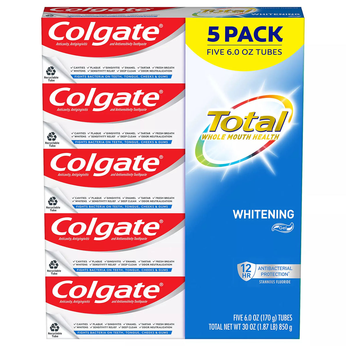 Colgate Total Whitening Gel Toothpaste Pack, 5 ea
