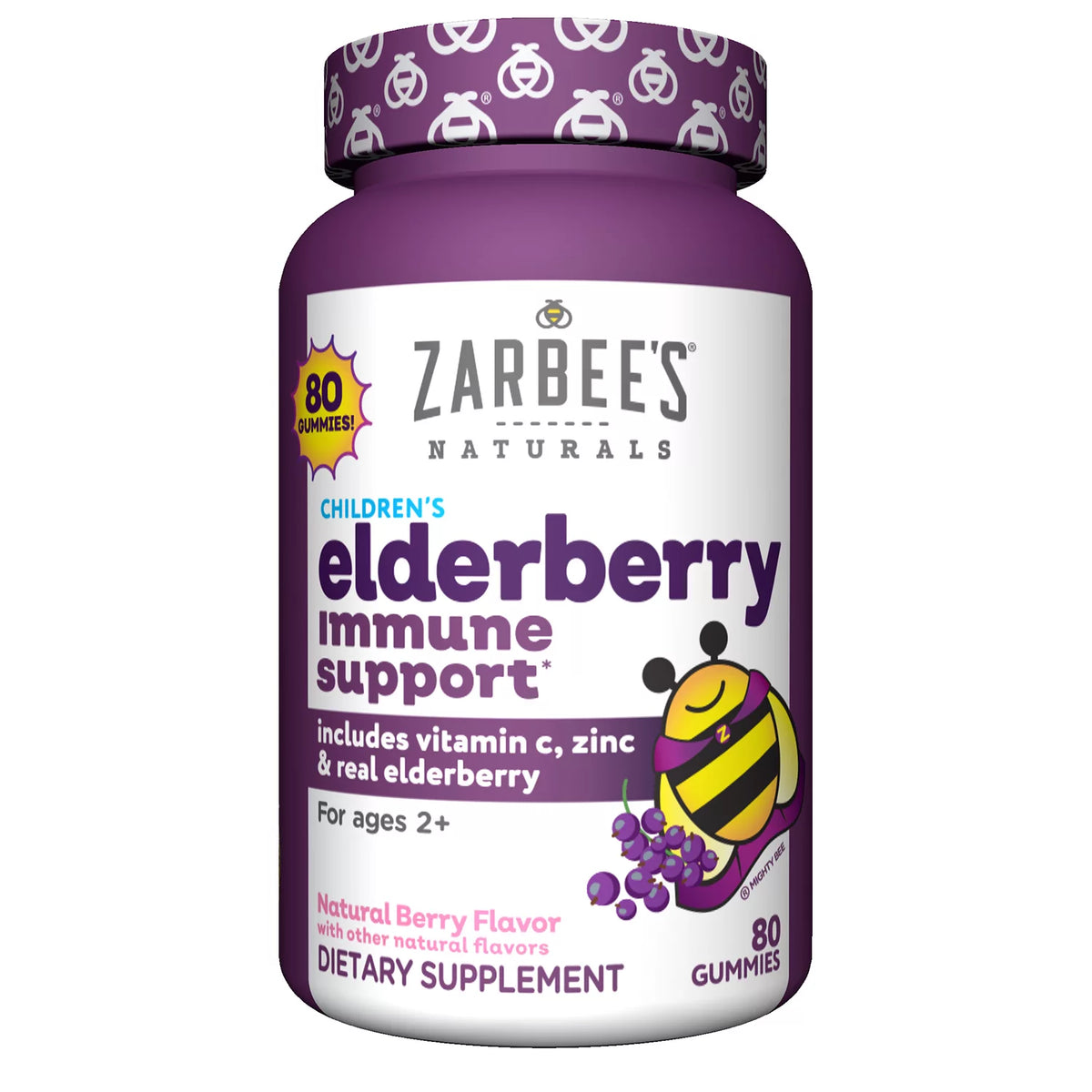 Zarbee's Naturals Children's Elderberry Immune Support Gummies With Vitamin C & Zinc, Natural Berry, 80 ea