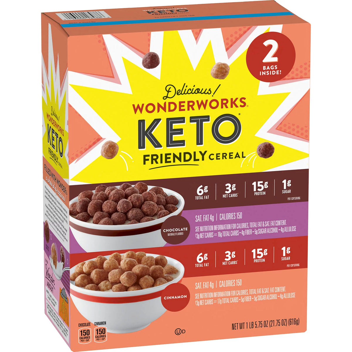 WonderWorks Keto Friendly Cereal Variety Pack, Chocolate and Cinnamon, 2 ea