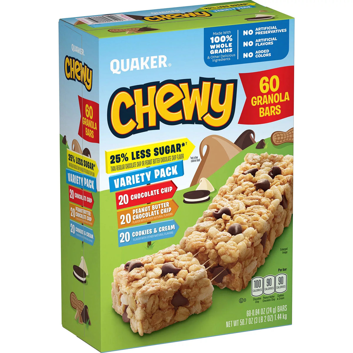 Quaker Chewy Reduced Sugar Granola Bars, Variety Pack, 60 ea