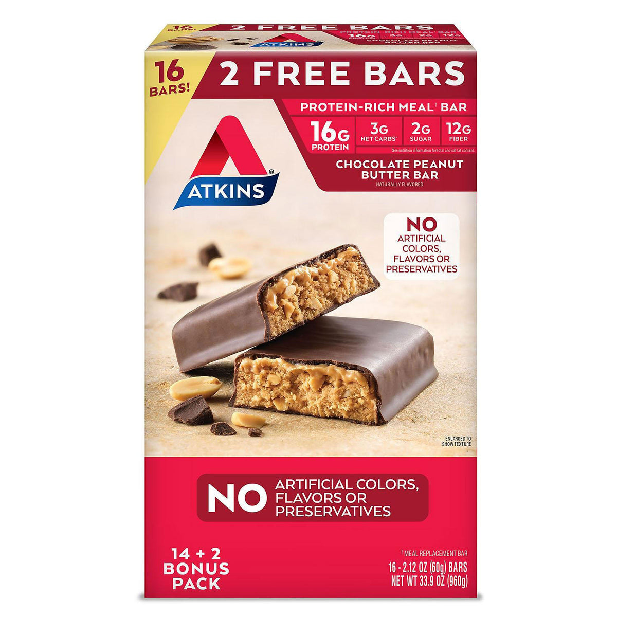 Atkins Protein-Rich Meal Bar Pack, Chocolate Peanut Butter, Keto Friendly, 16 ea