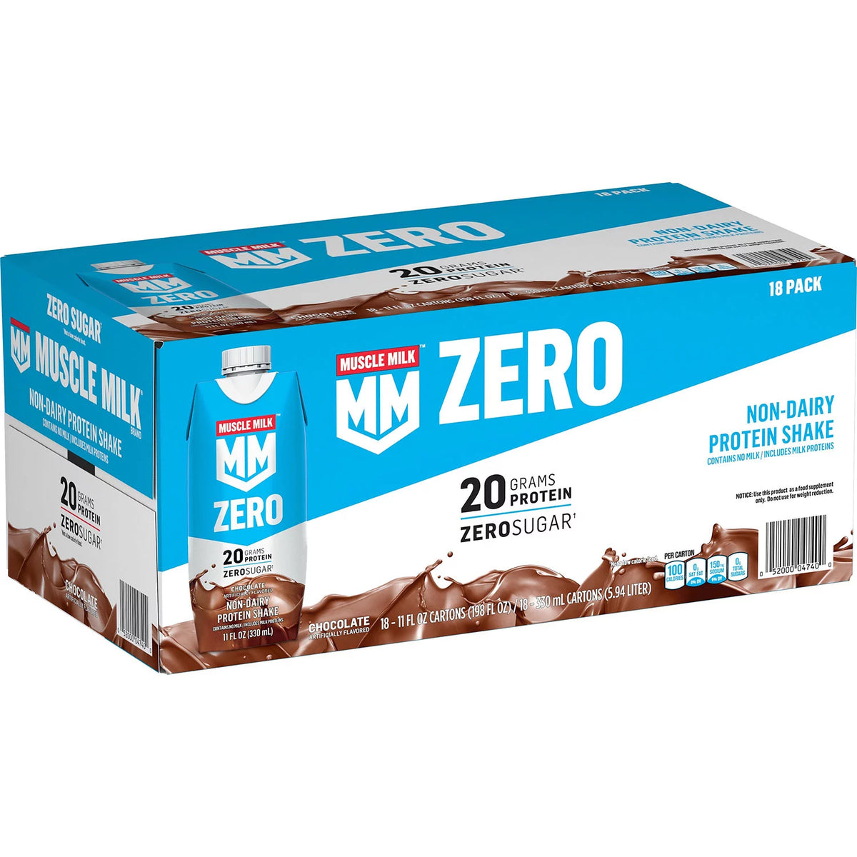 Muscle Milk Zero Protein Shake Pack, Chocolate, 18 ea