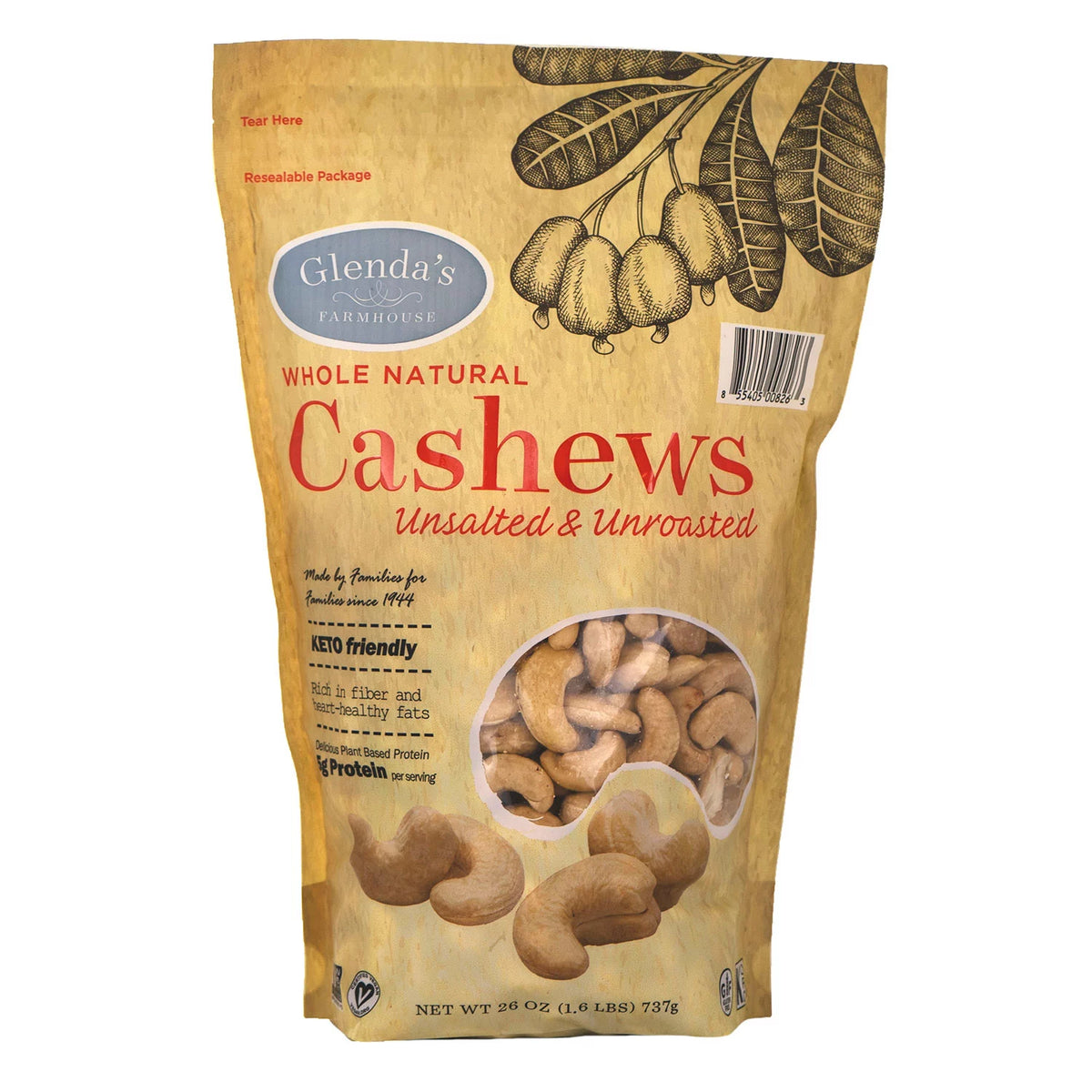 Glenda's Farmhouse Whole Natural Unsalted and Unroasted Cashews, 26 oz