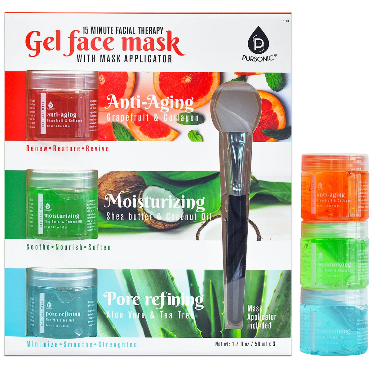 Pursonic Gel Face Mask Pack, Anti-Aging + Moisturizing + Pore Refining, 3 ea