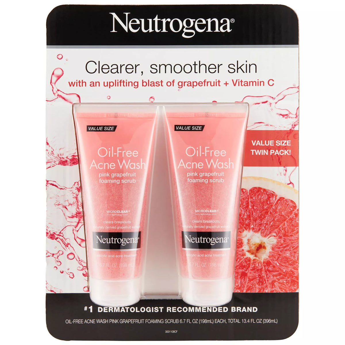 Neutrogena Oil-Free Exfoliating Acne Face Wash and Foaming Scrub, Pink Grapefruit, 2 ea