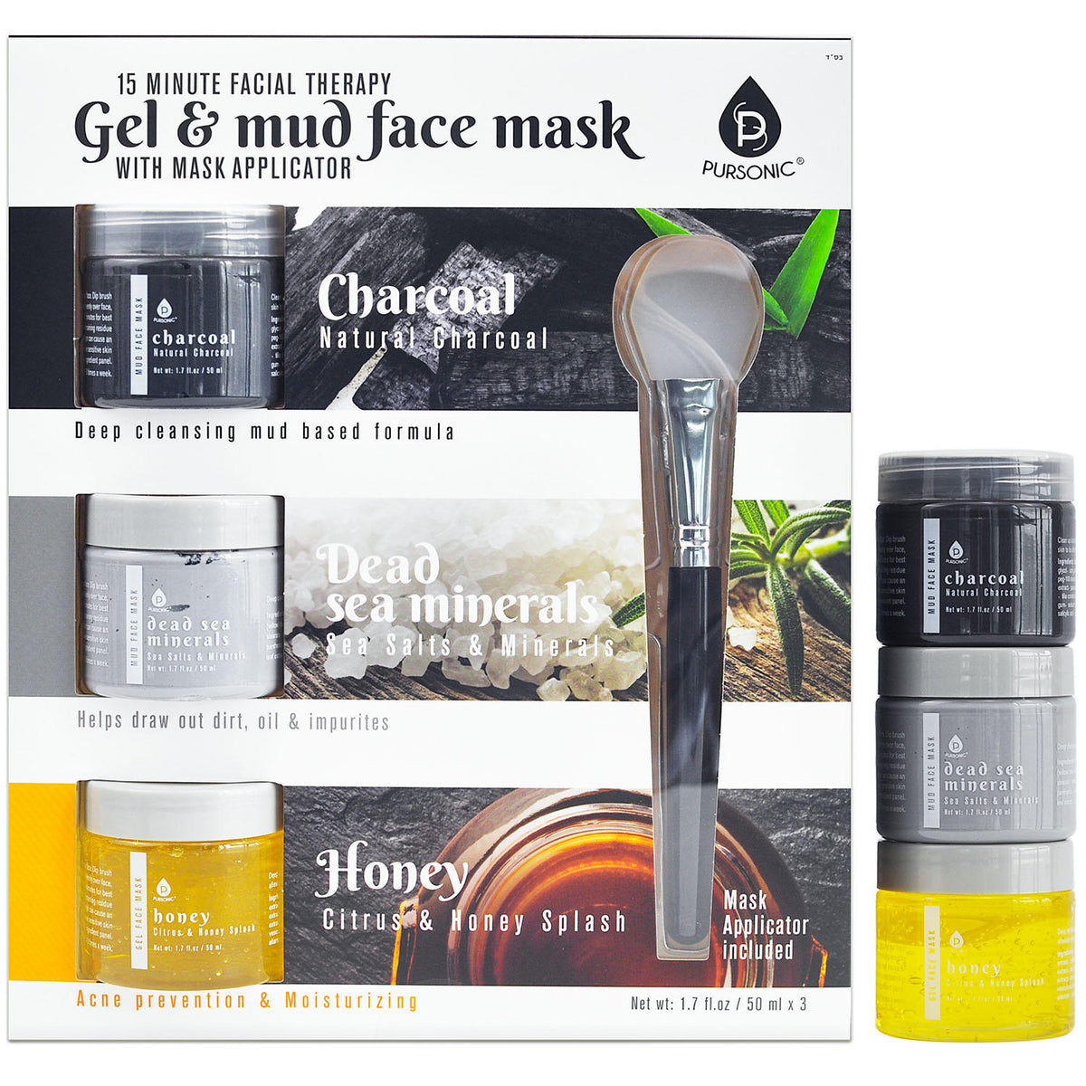 Pursonic Gel Mud Face Mask Pack, Charcoal + Honey + Dead Sea Minerals, 3 ea