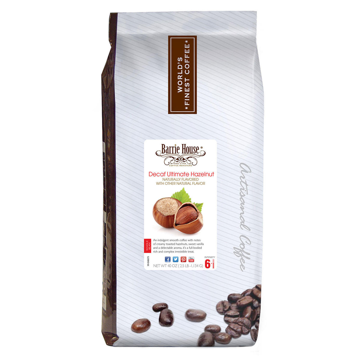 Barrie House Whole Bean Coffee, Decaf Hazelnut, 40 oz
