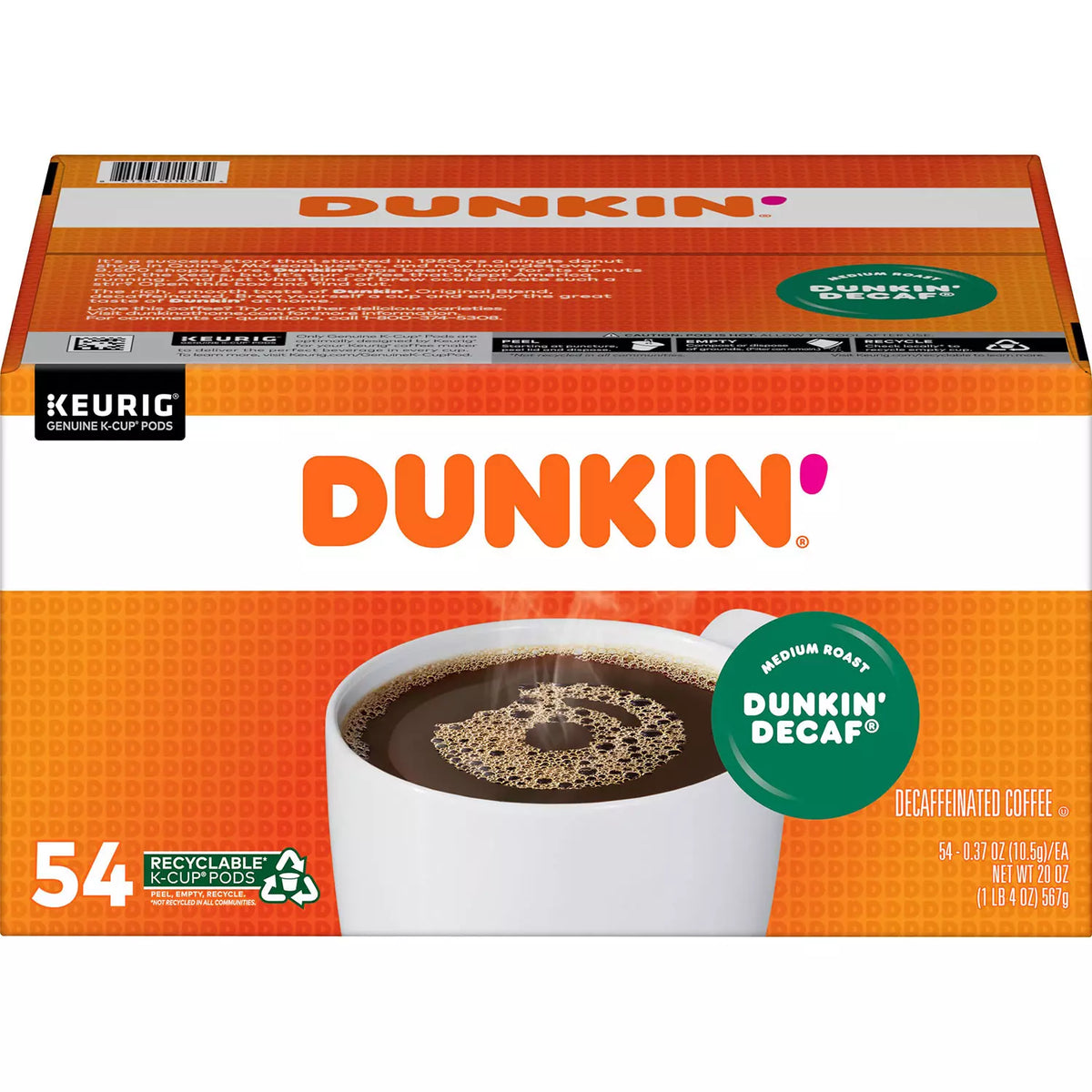 Dunkin' Donuts Decaf Coffee K-Cups, Medium Roast, 54 ea