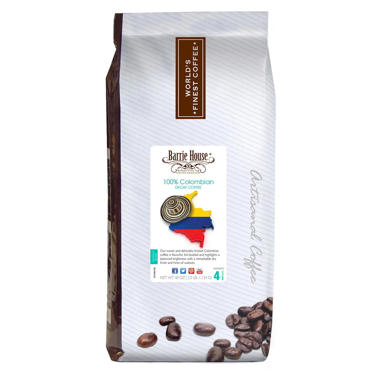Barrie House Whole Bean Coffee, Decaf Colombian, 40 oz