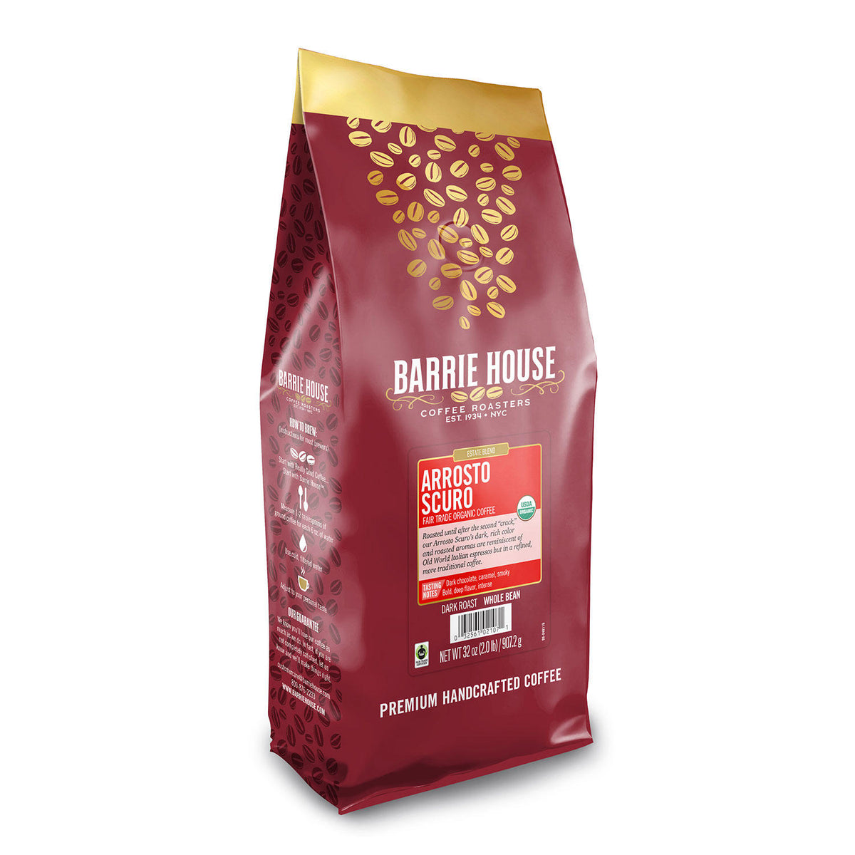 Barrie House Fair Trade Organic Whole Bean Coffee, Arrosto Scuro, 32 oz